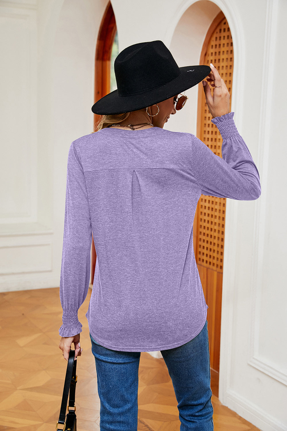 Notched Neck Long Sleeve Blouse - T-Shirts - Shirts & Tops - 36 - 2024