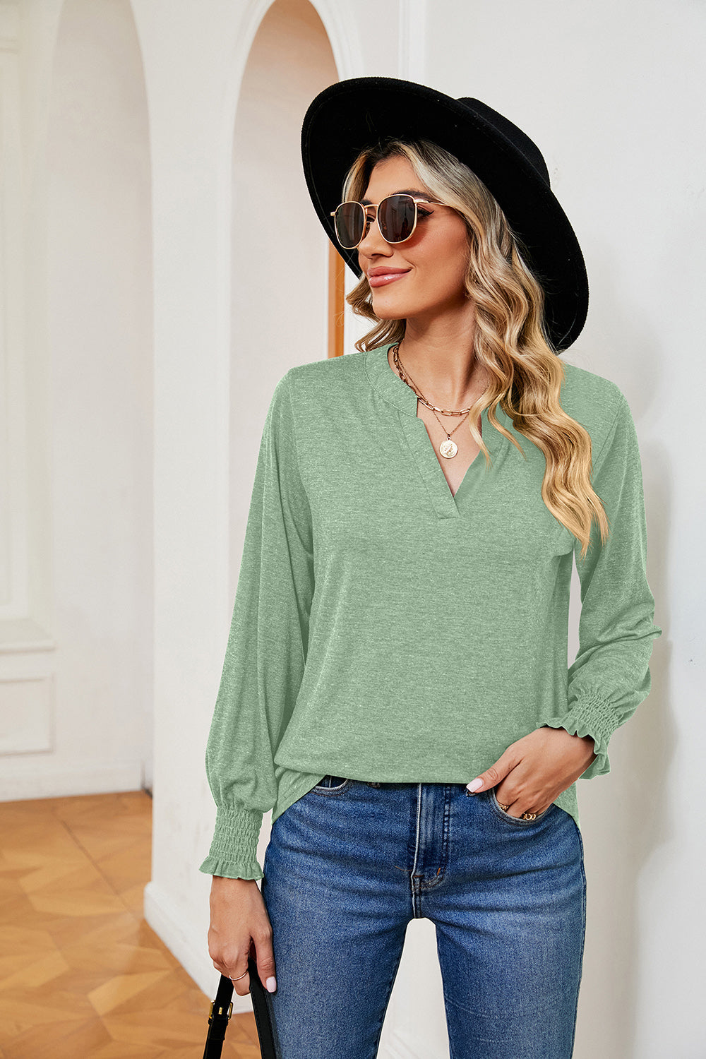 Notched Neck Long Sleeve Blouse - T-Shirts - Shirts & Tops - 14 - 2024