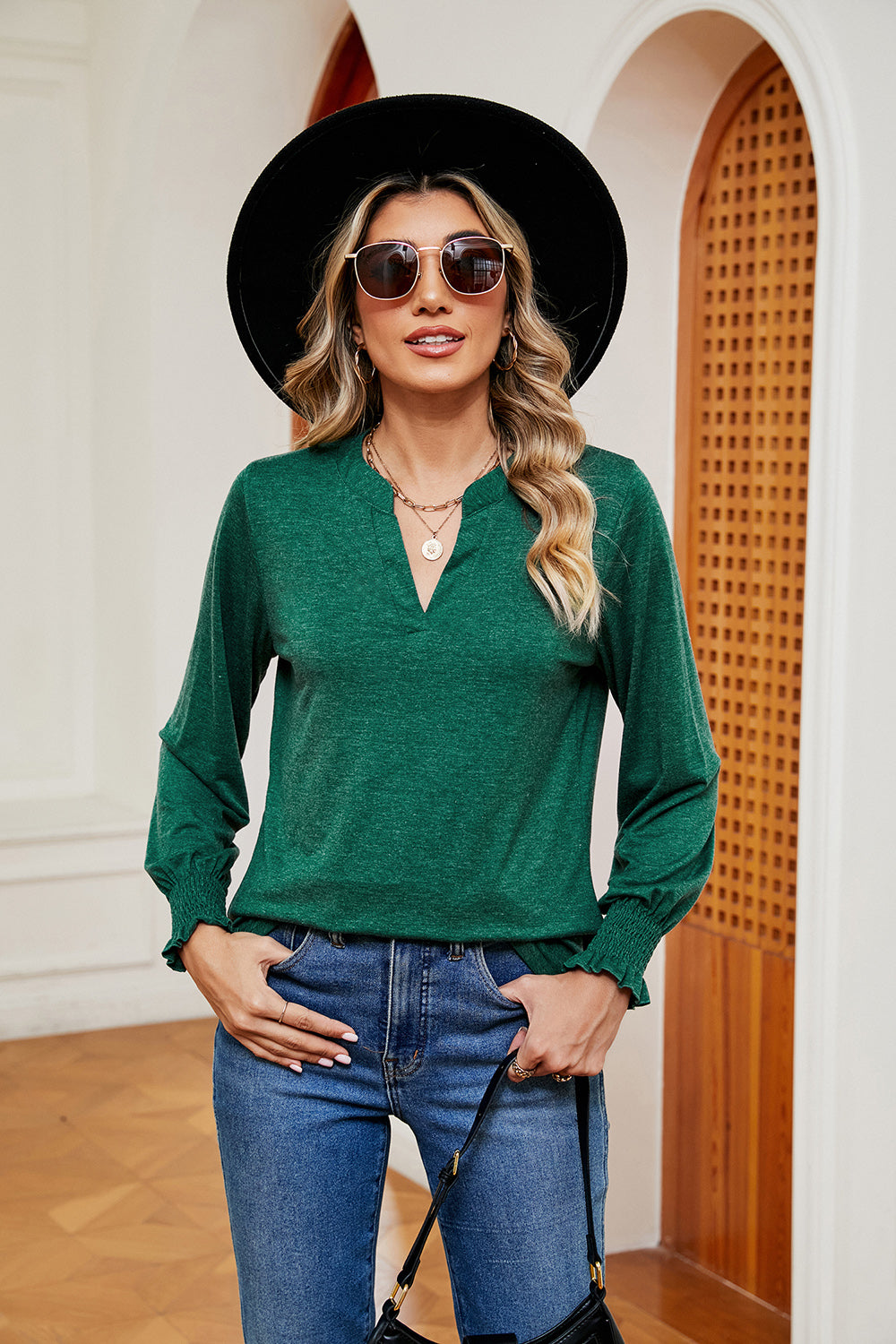 Notched Neck Long Sleeve Blouse - T-Shirts - Shirts & Tops - 22 - 2024