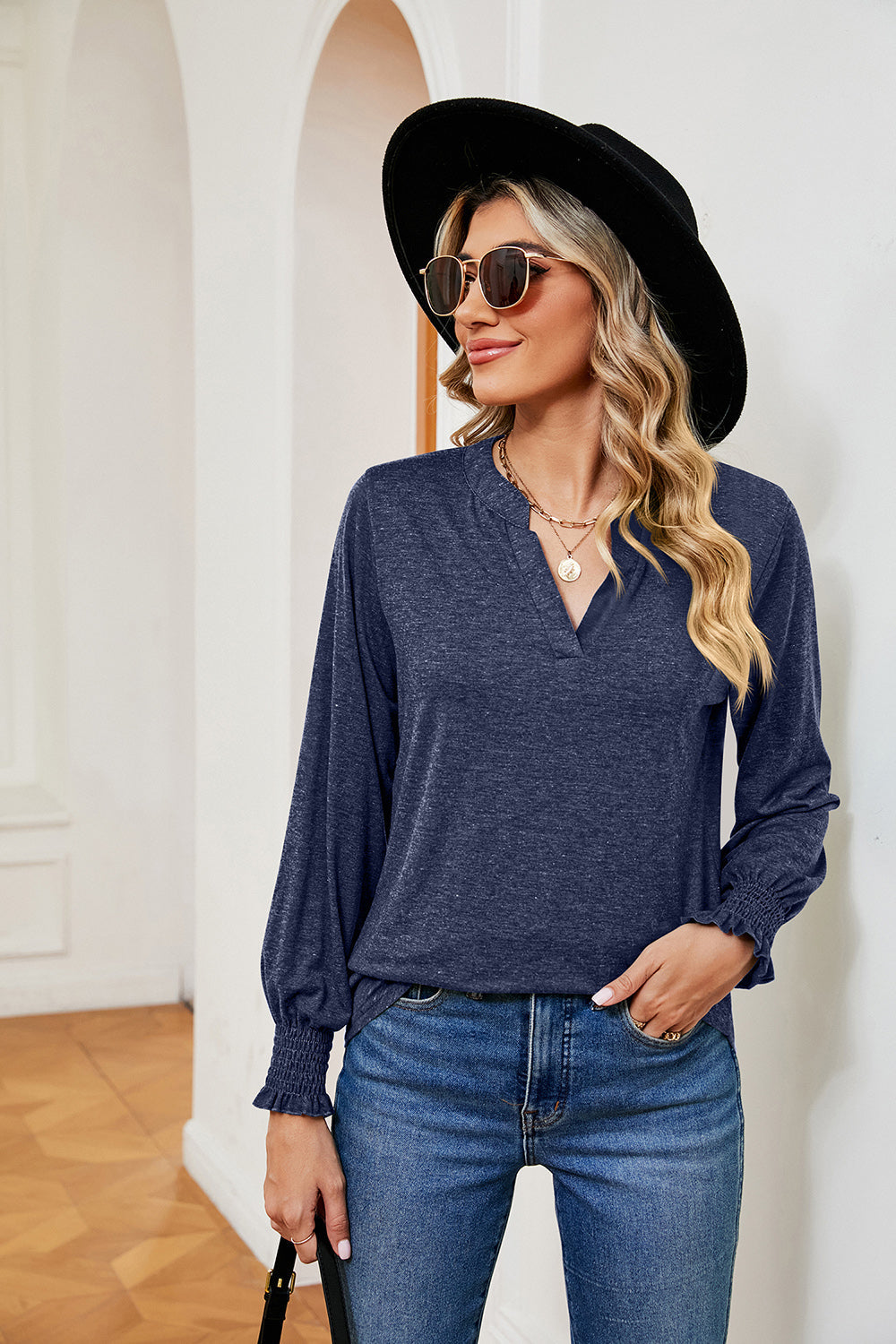 Notched Neck Long Sleeve Blouse - T-Shirts - Shirts & Tops - 10 - 2024