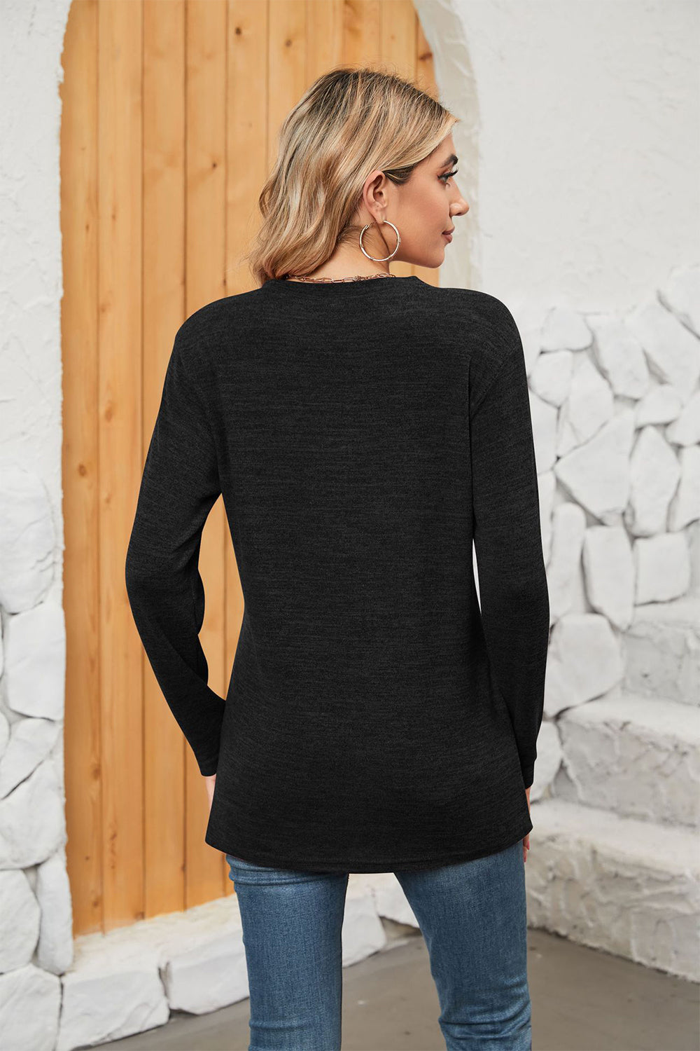 Notched Neck Long Sleeve T-Shirt - T-Shirts - Shirts & Tops - 6 - 2024