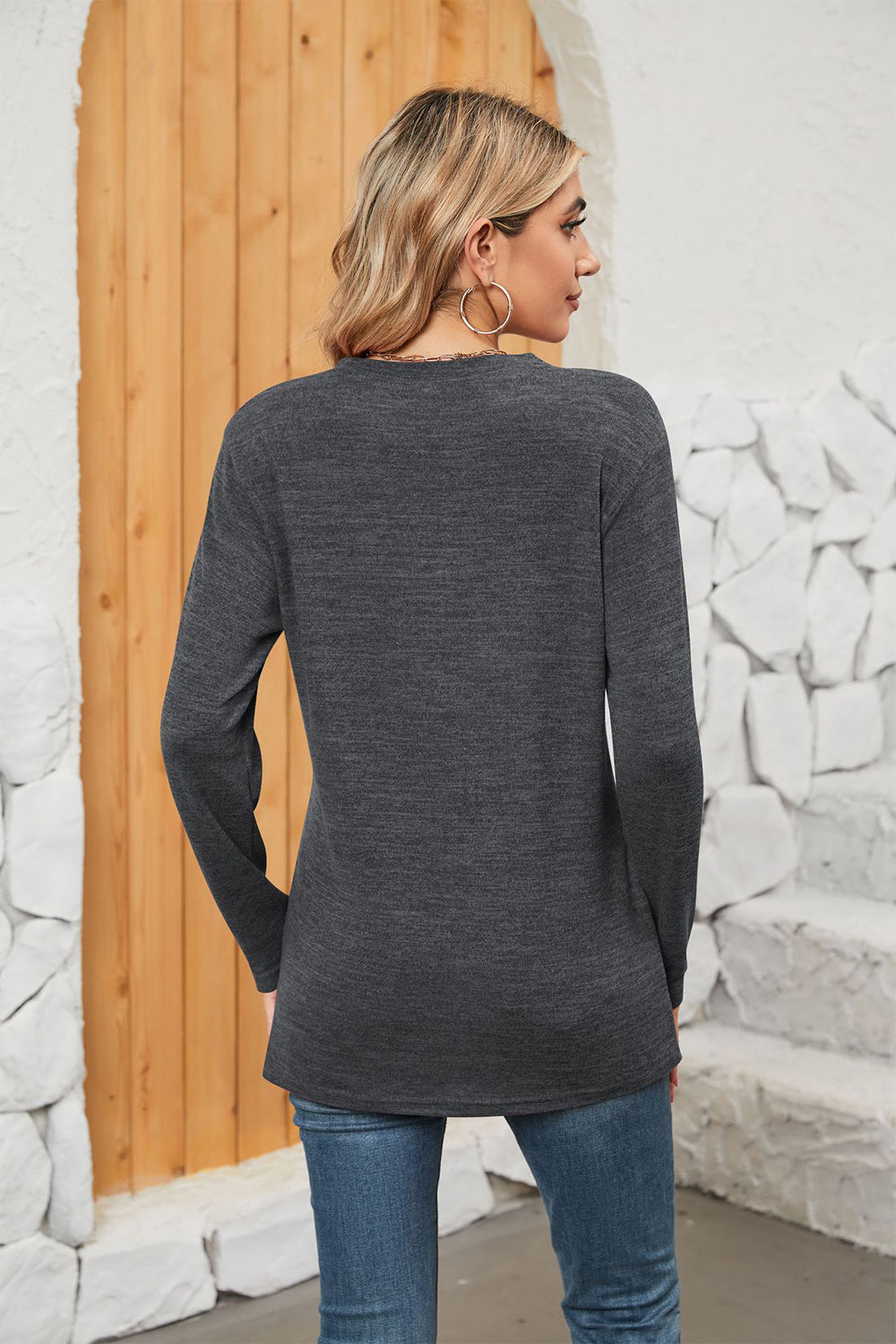 Notched Neck Long Sleeve T-Shirt - T-Shirts - Shirts & Tops - 9 - 2024