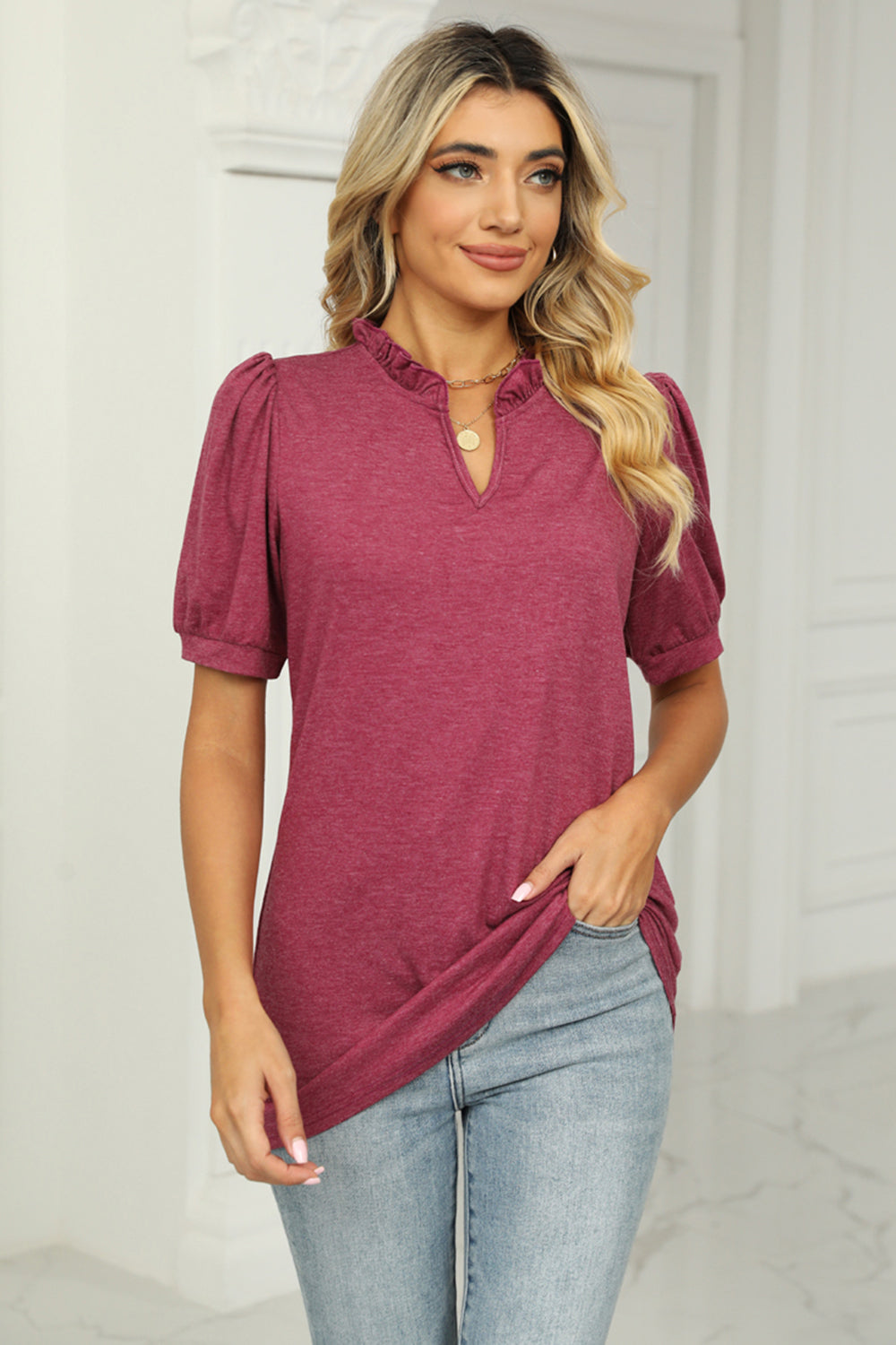 Notched Neck Puff Sleeve T-Shirt - Red / S - T-Shirts - Shirts & Tops - 1 - 2024