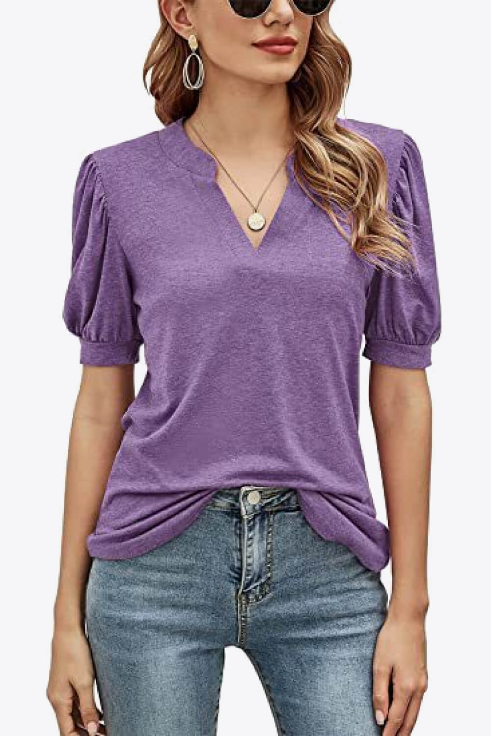Notched Neck Puff Sleeve Tee - Purple / S - T-Shirts - Shirts & Tops - 1 - 2024