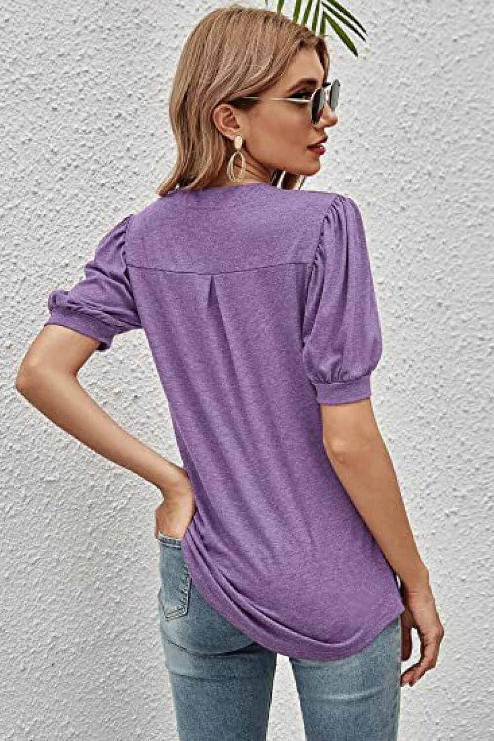 Notched Neck Puff Sleeve Tee - T-Shirts - Shirts & Tops - 2 - 2024