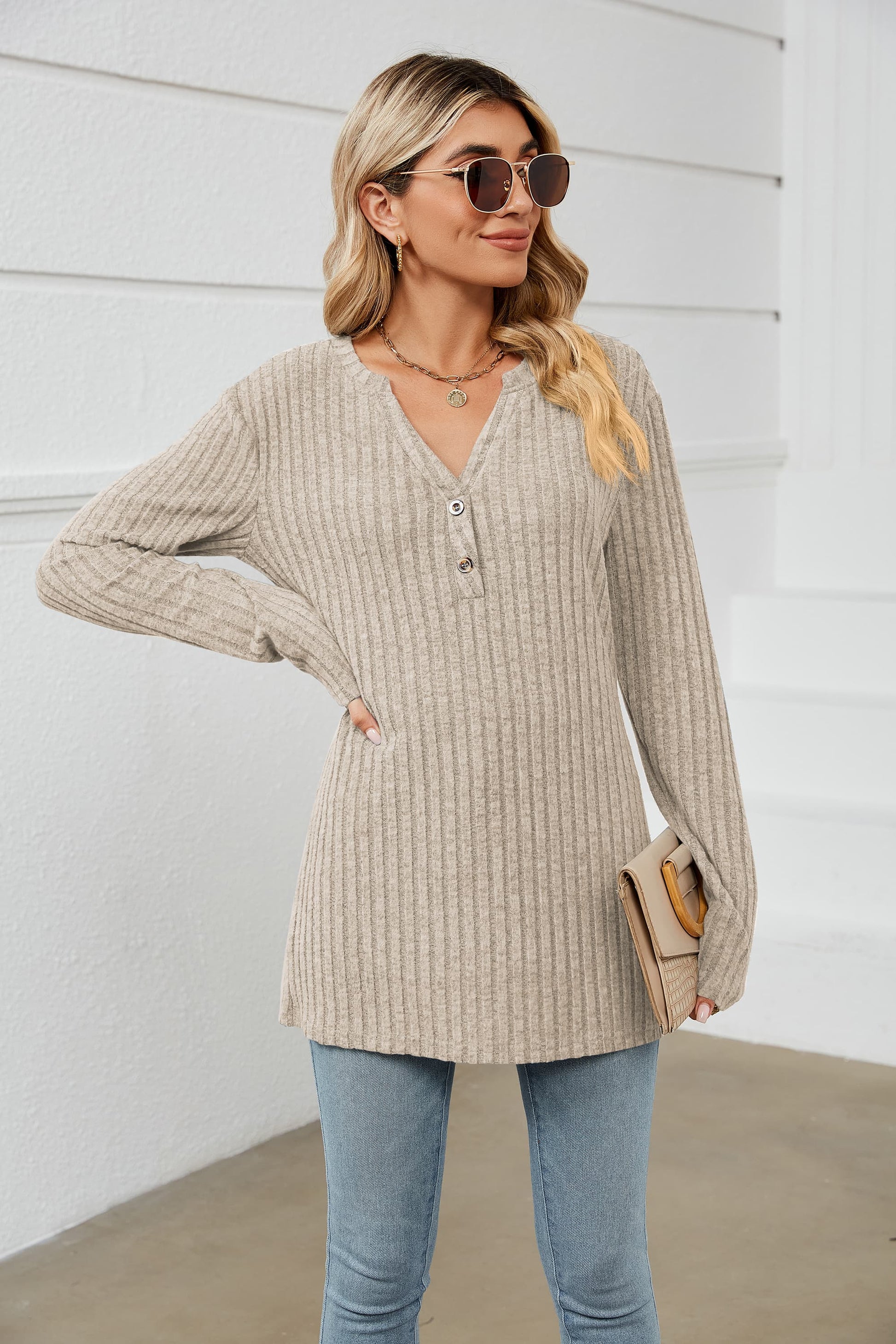 Notched Neck Ribbed Long Sleeve T-Shirt - Beige / S - T-Shirts - Shirts & Tops - 16 - 2024