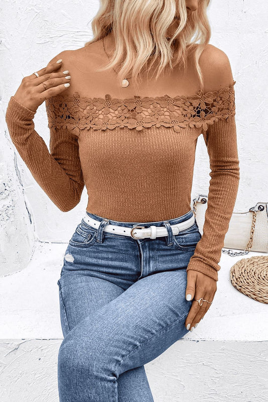 Off-Shoulder Lace Trim Ribbed Tee - T-Shirts - Shirts & Tops - 1 - 2024