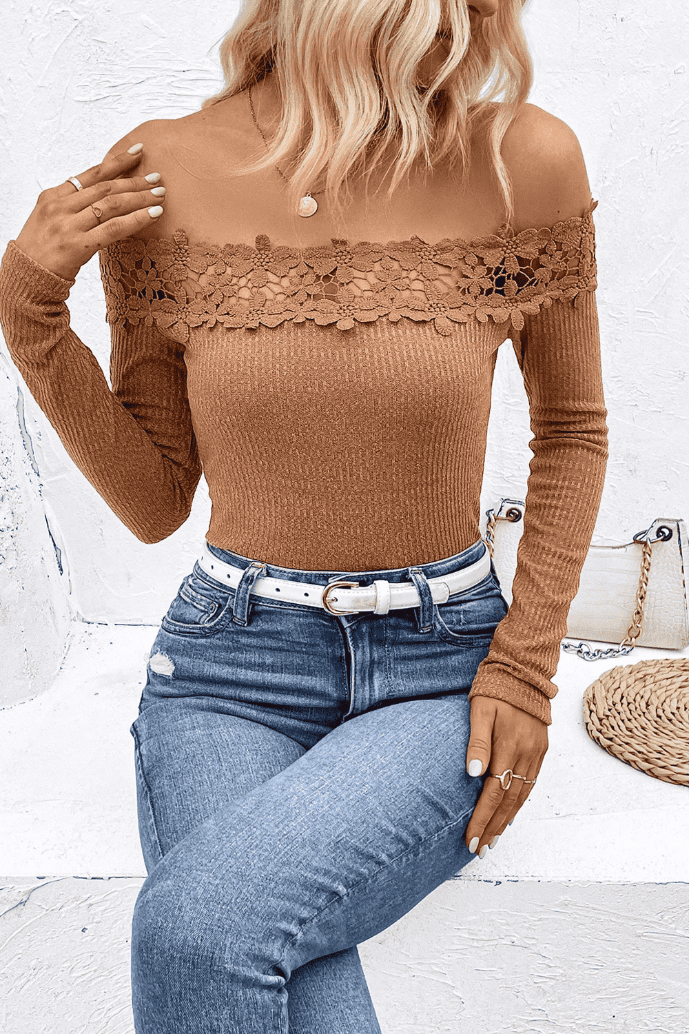 Off-Shoulder Lace Trim Ribbed Tee - T-Shirts - Shirts & Tops - 3 - 2024