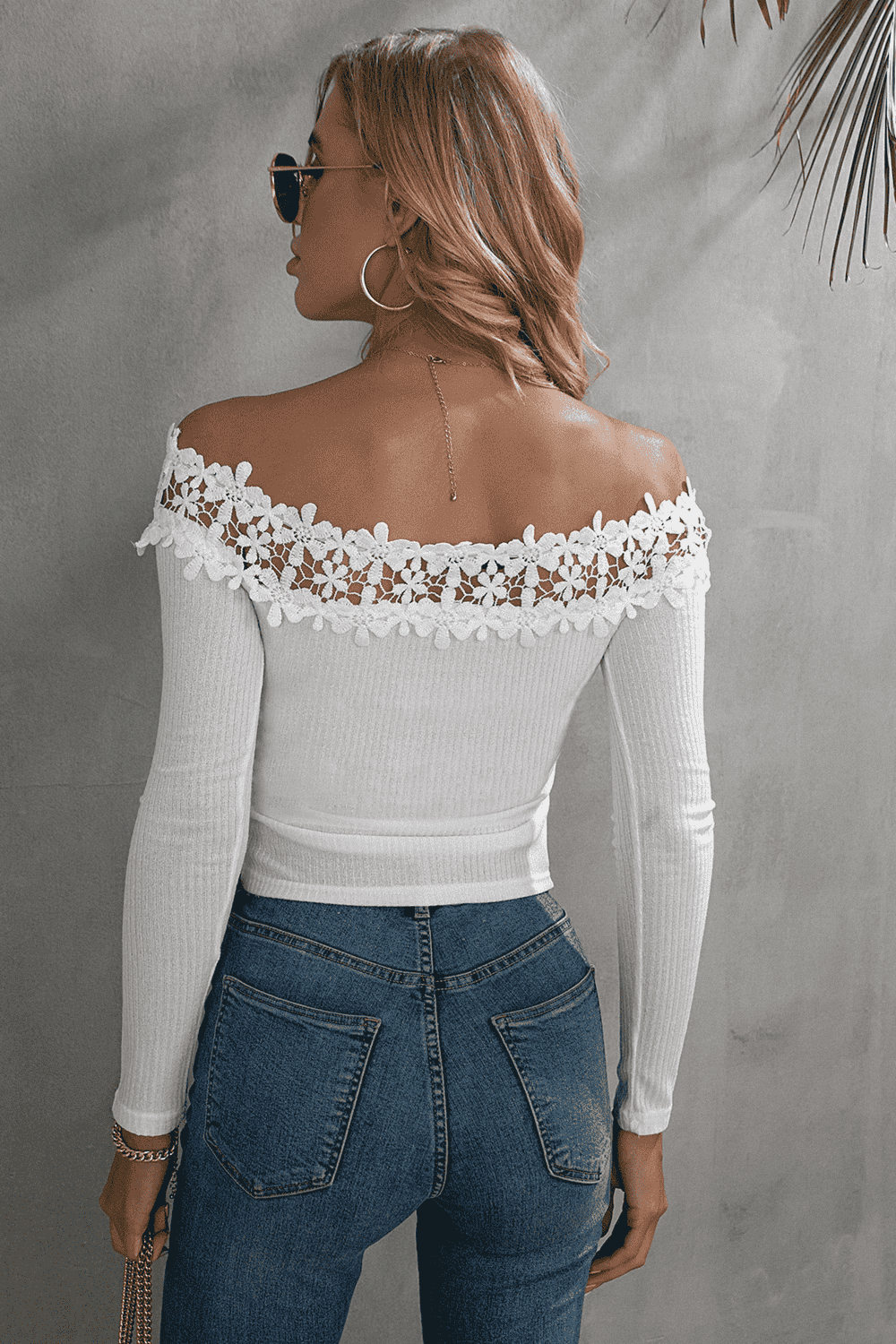 Off-Shoulder Lace Trim Ribbed Tee - T-Shirts - Shirts & Tops - 11 - 2024