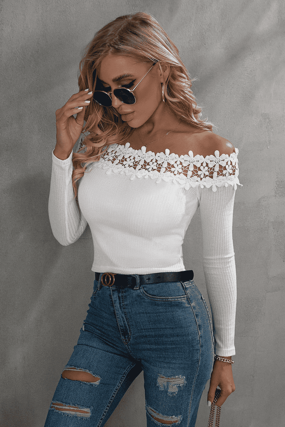 Off-Shoulder Lace Trim Ribbed Tee - T-Shirts - Shirts & Tops - 10 - 2024