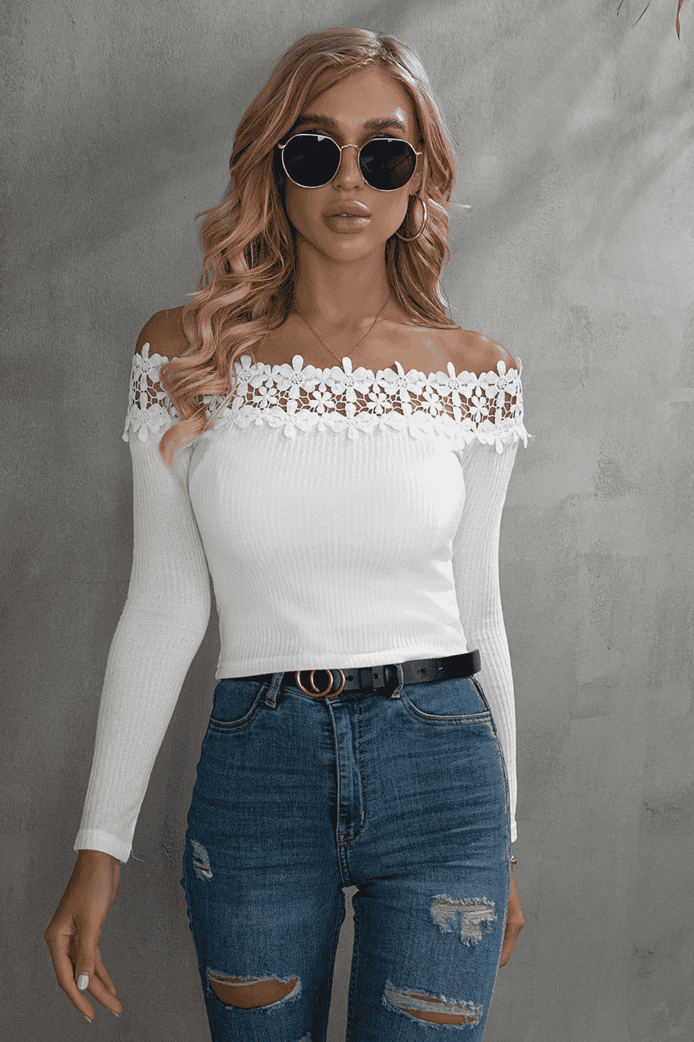 Off-Shoulder Lace Trim Ribbed Tee - White / S - T-Shirts - Shirts & Tops - 7 - 2024