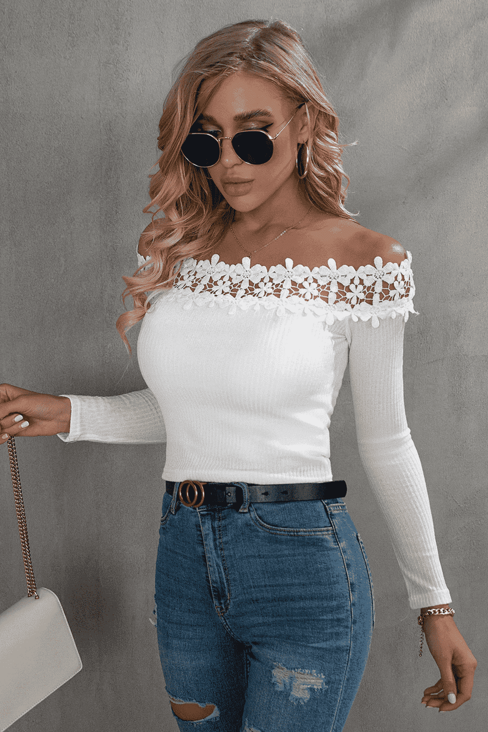 Off-Shoulder Lace Trim Ribbed Tee - T-Shirts - Shirts & Tops - 8 - 2024