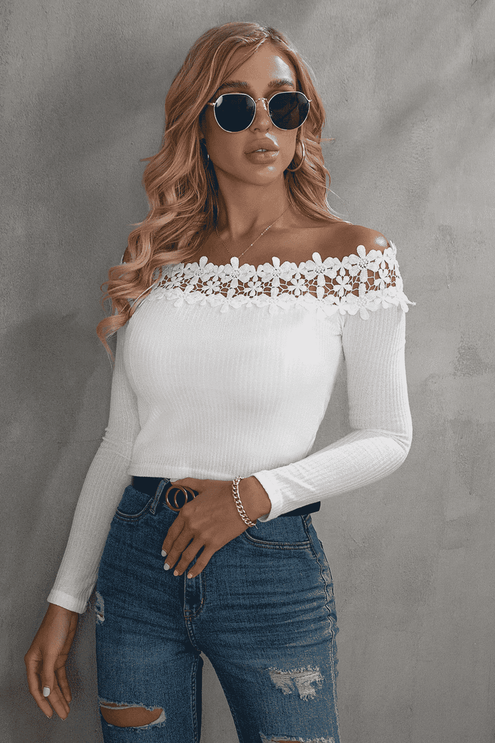 Off-Shoulder Lace Trim Ribbed Tee - T-Shirts - Shirts & Tops - 9 - 2024