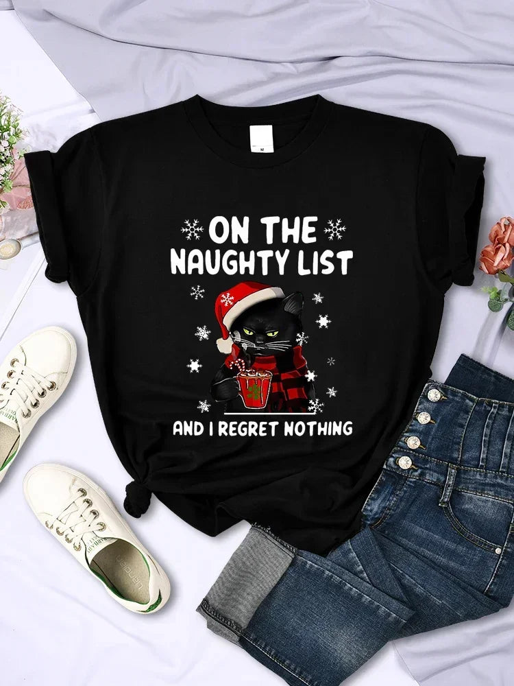 ’On the Naughty List’ Christmas Cat T-Shirt - Black / XXS - T-Shirts - T-Shirts - 3 - 2024