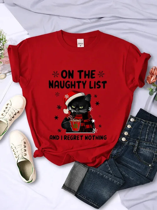 ’On the Naughty List’ Christmas Cat T-Shirt - Red / XXS - T-Shirts - T-Shirts - 1 - 2024