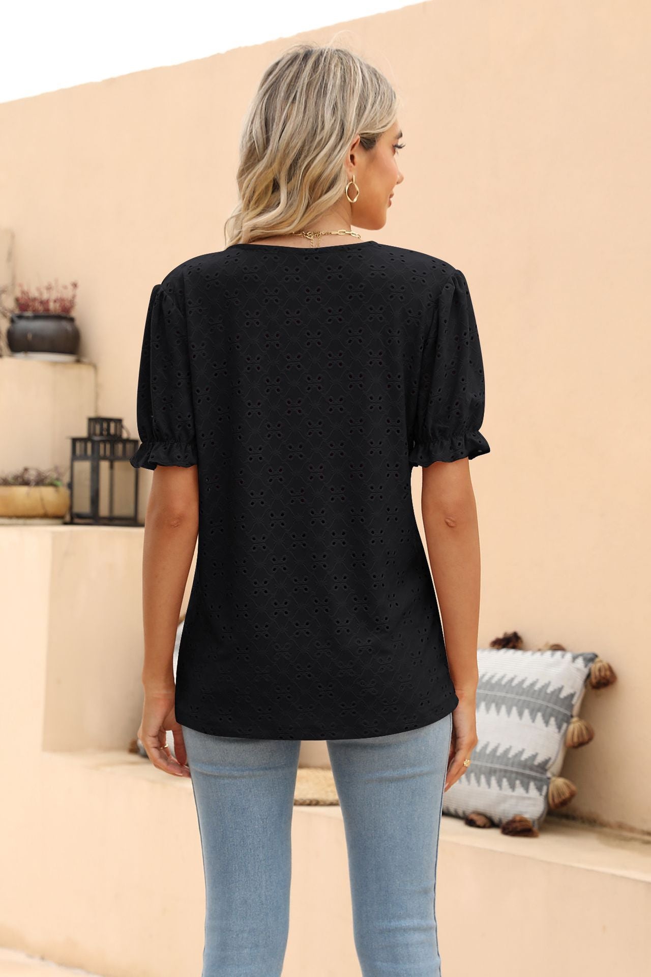 Openwork Round Neck Flounce Sleeve T-Shirt - T-Shirts - Shirts & Tops - 6 - 2024