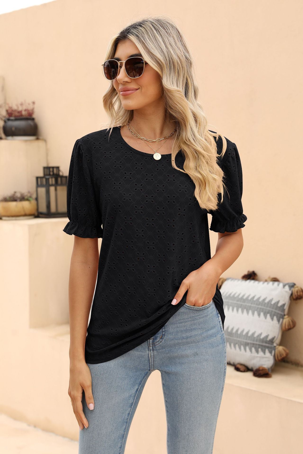 Openwork Round Neck Flounce Sleeve T-Shirt - T-Shirts - Shirts & Tops - 5 - 2024