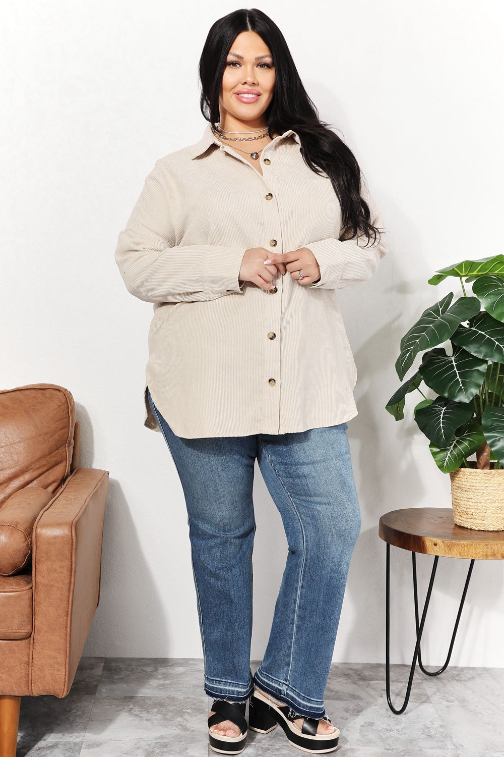 Oversized Corduroy Button-Down Tunic Shirt with Bust Pocket - T-Shirts - Shirts & Tops - 4 - 2024