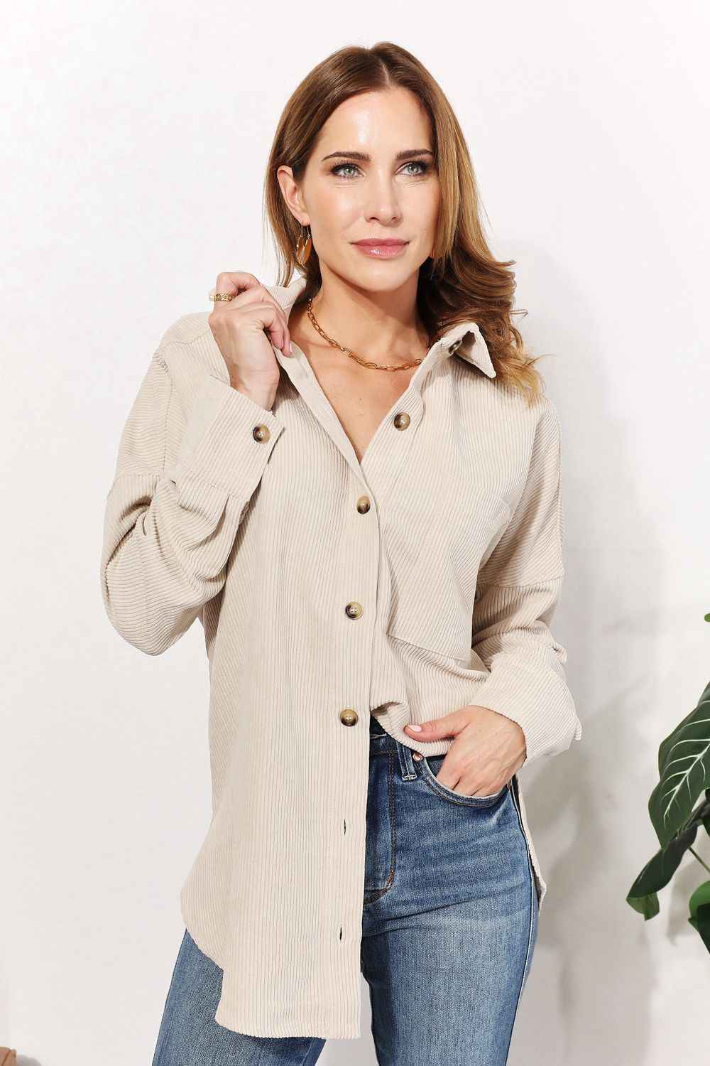 Oversized Corduroy Button-Down Tunic Shirt with Bust Pocket - T-Shirts - Shirts & Tops - 7 - 2024