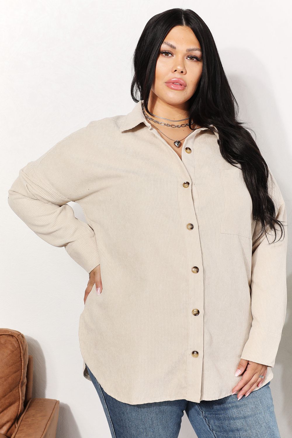 Oversized Corduroy Button-Down Tunic Shirt with Bust Pocket - T-Shirts - Shirts & Tops - 3 - 2024