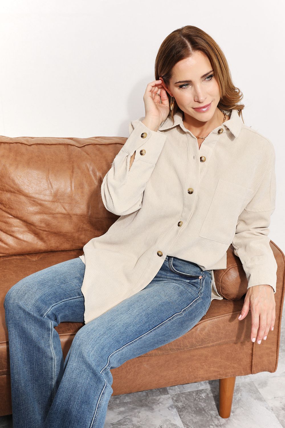 Oversized Corduroy Button-Down Tunic Shirt with Bust Pocket - T-Shirts - Shirts & Tops - 11 - 2024