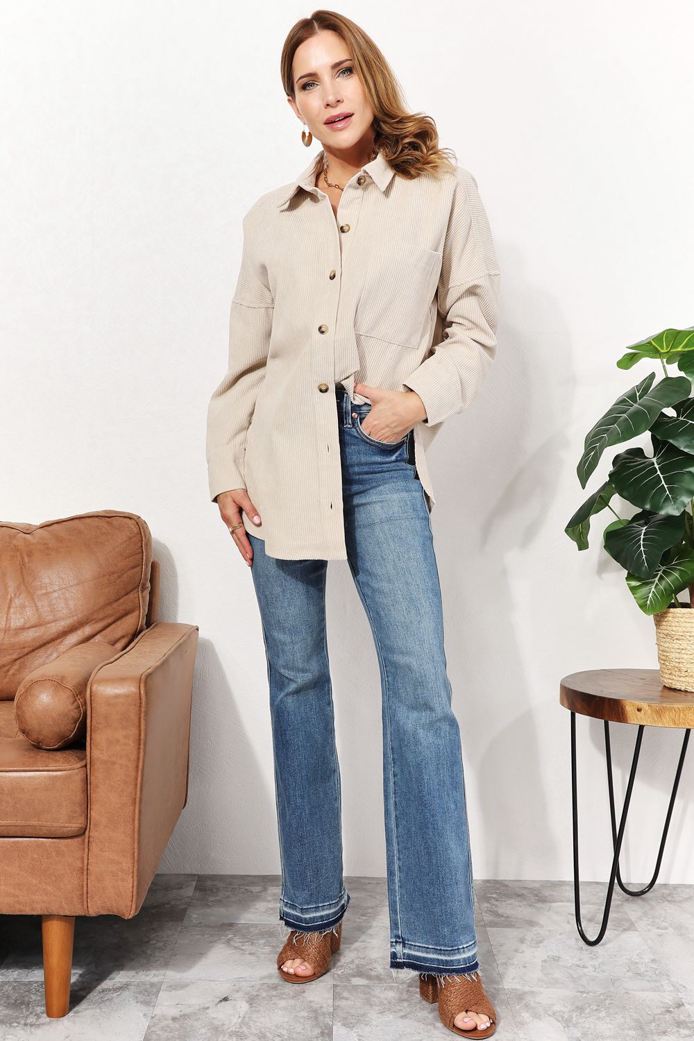 Oversized Corduroy Button-Down Tunic Shirt with Bust Pocket - T-Shirts - Shirts & Tops - 10 - 2024