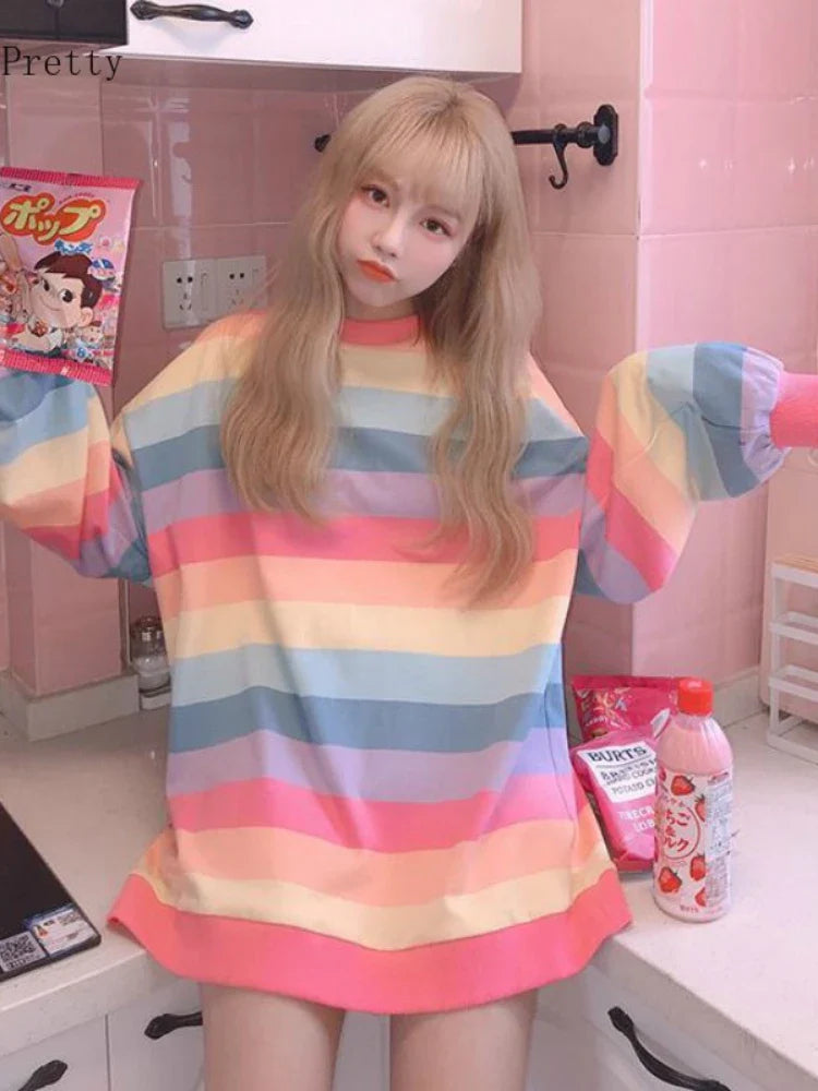 Oversized Pink Rainbow Striped T-Shirt - T-Shirts - Shirts & Tops - 4 - 2024