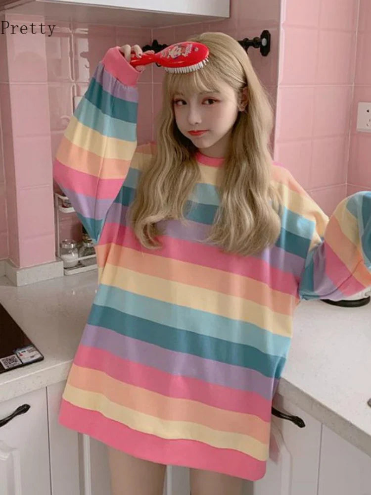 Oversized Pink Rainbow Striped T-Shirt - T-Shirts - Shirts & Tops - 3 - 2024