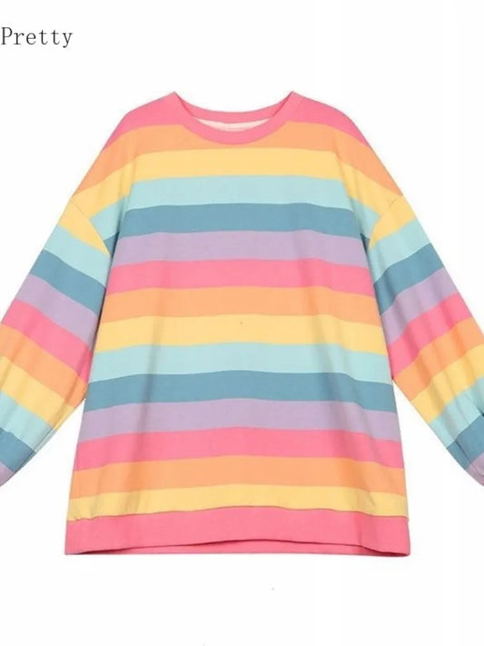 Oversized Pink Rainbow Striped T-Shirt - T-Shirts - Shirts & Tops - 1 - 2024