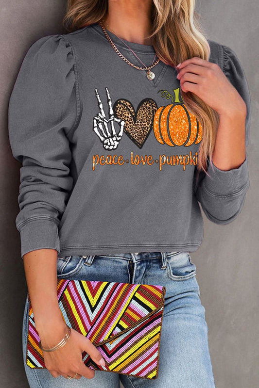 PEACE LOVE PUMPKIN Graphic Puff Sleeve Sweatshirt - Gray / S - T-Shirts - Shirts & Tops - 1 - 2024