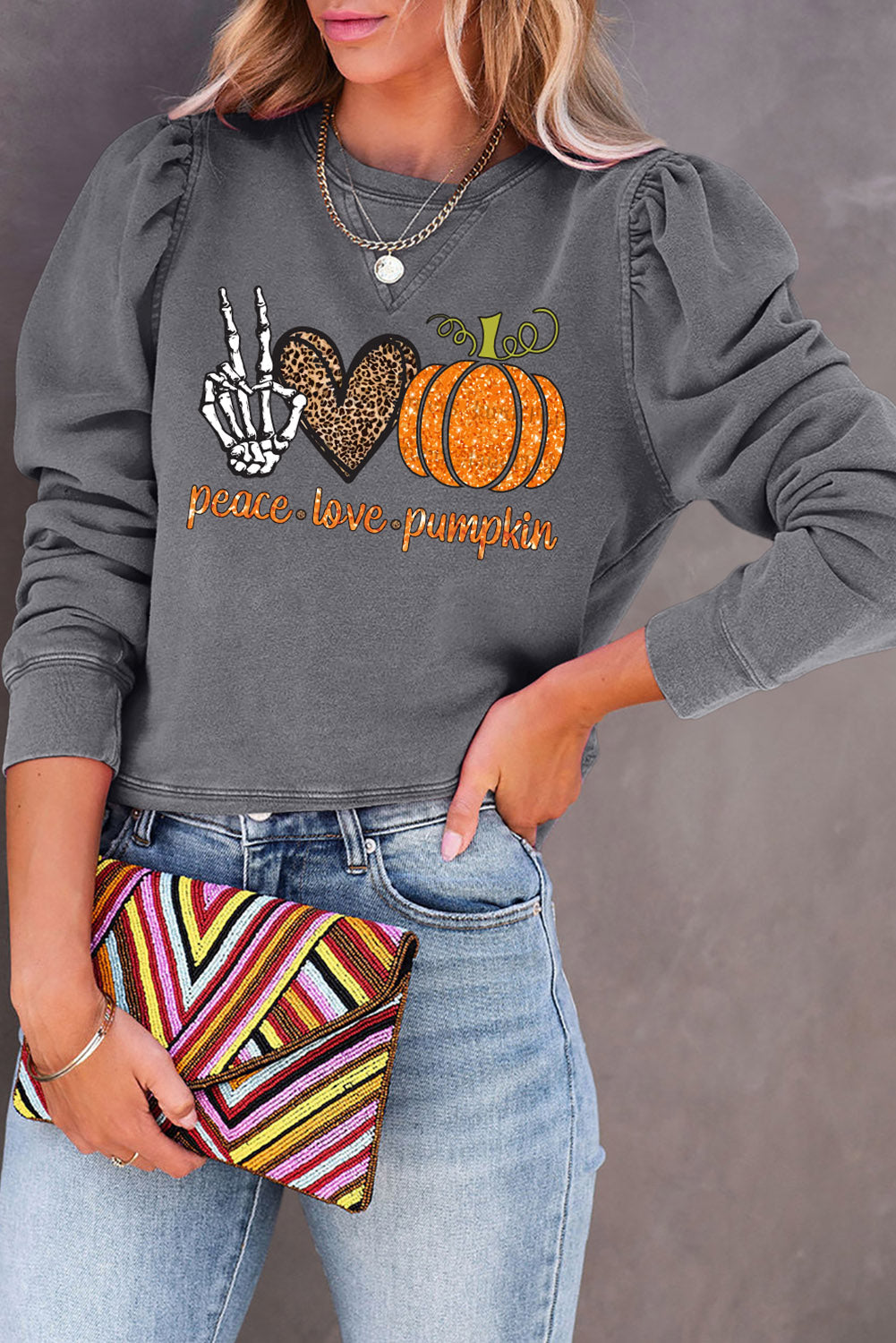PEACE LOVE PUMPKIN Graphic Puff Sleeve Sweatshirt - T-Shirts - Shirts & Tops - 3 - 2024