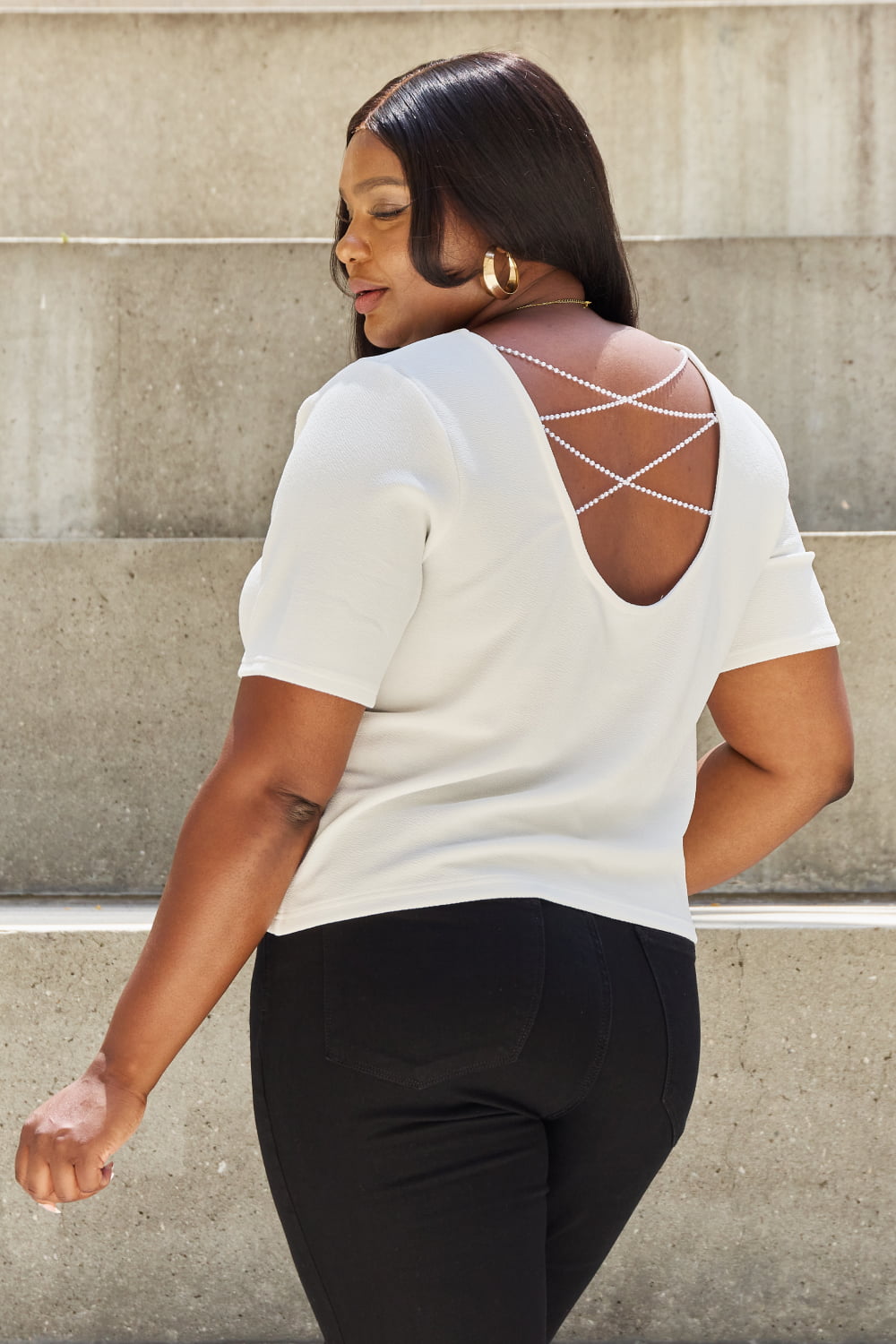 Pearly White Full Size Criss Cross Pearl Detail Open Back T-Shirt - T-Shirts - Shirts & Tops - 7 - 2024