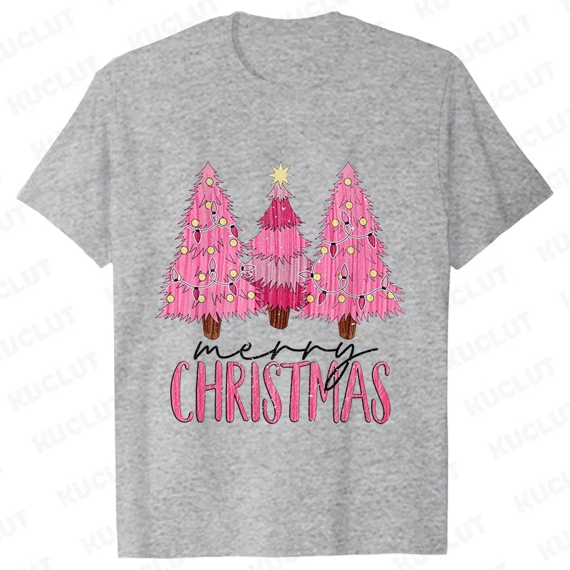 Pink Christmas Tree Graphic T-Shirt - Gray / S - T-Shirts - T-Shirts - 12 - 2024