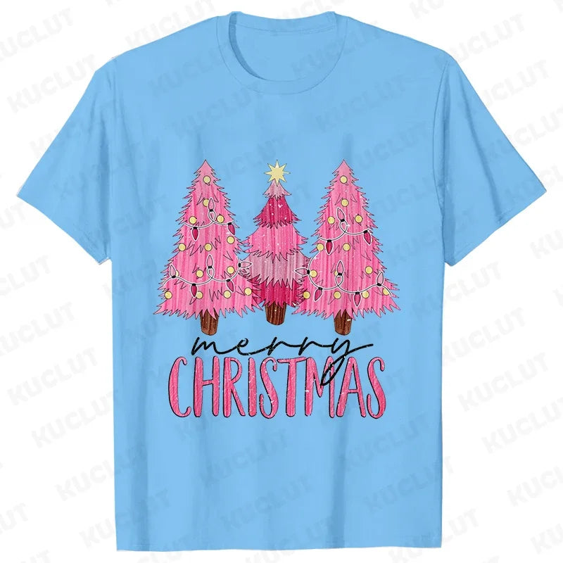 Pink Christmas Tree Graphic T-Shirt - Light Blue / S - T-Shirts - T-Shirts - 14 - 2024