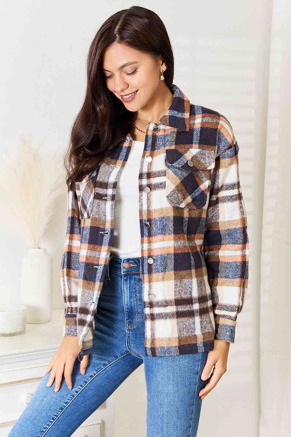 Plaid Button Front Shirt Jacket with Breast Pockets - T-Shirts - Coats & Jackets - 5 - 2024