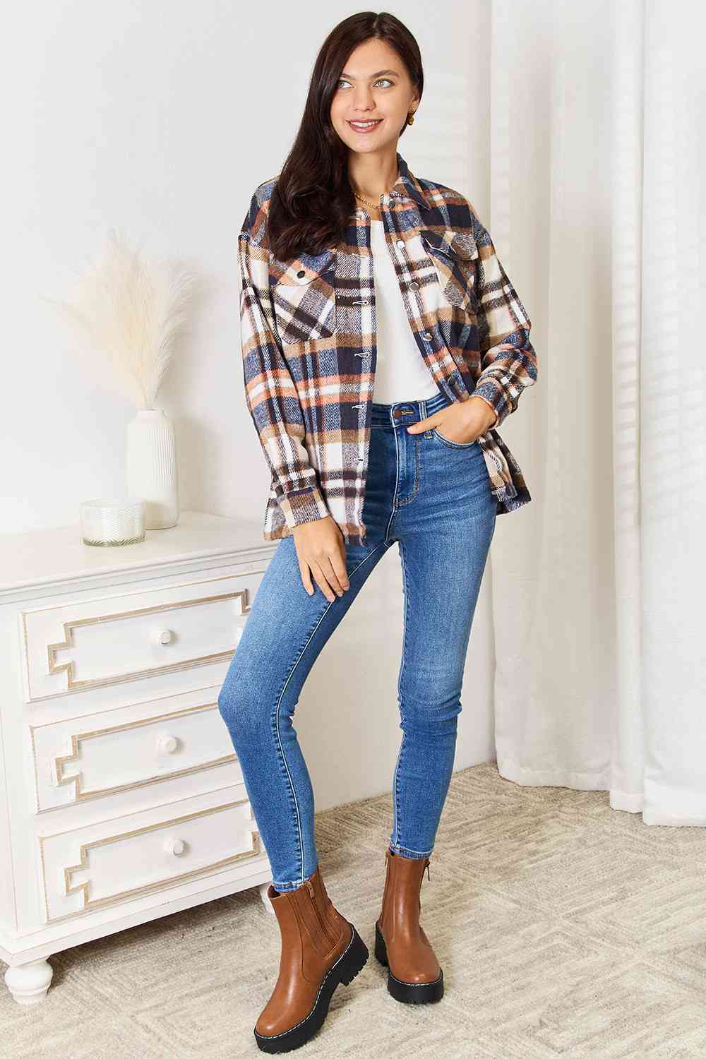 Plaid Button Front Shirt Jacket with Breast Pockets - T-Shirts - Coats & Jackets - 8 - 2024