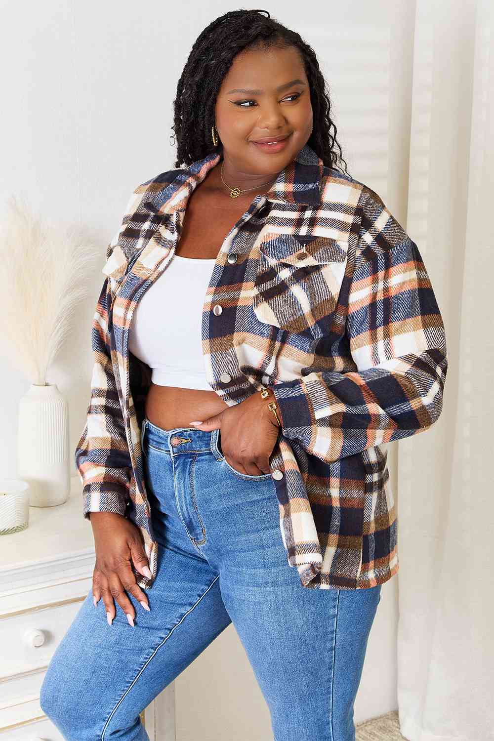 Plaid Button Front Shirt Jacket with Breast Pockets - T-Shirts - Coats & Jackets - 3 - 2024