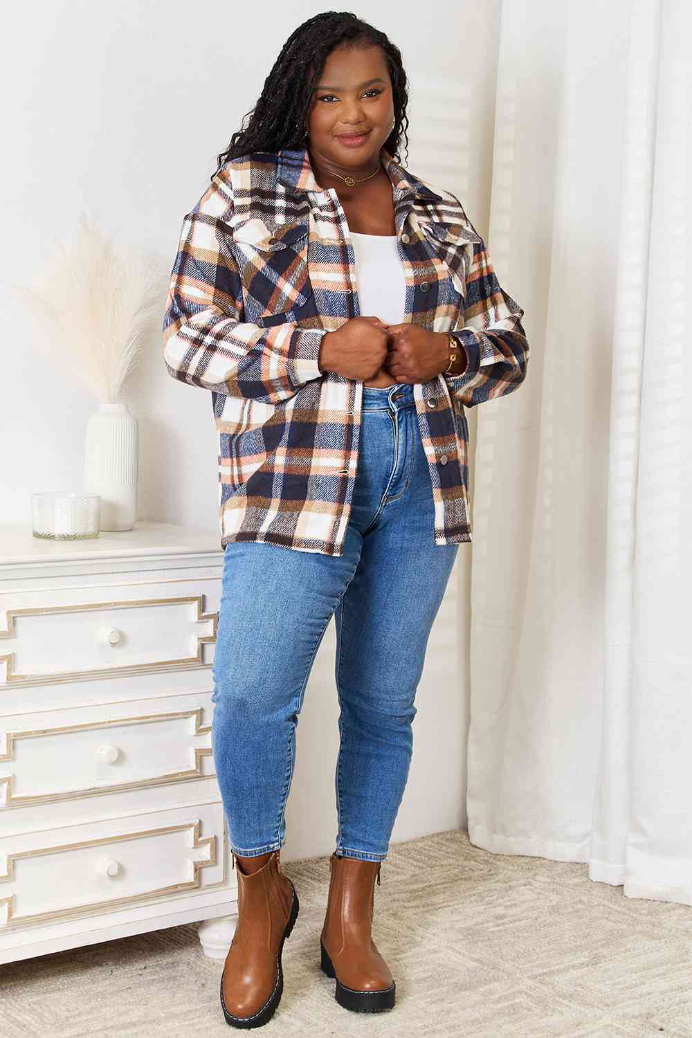 Plaid Button Front Shirt Jacket with Breast Pockets - T-Shirts - Coats & Jackets - 4 - 2024