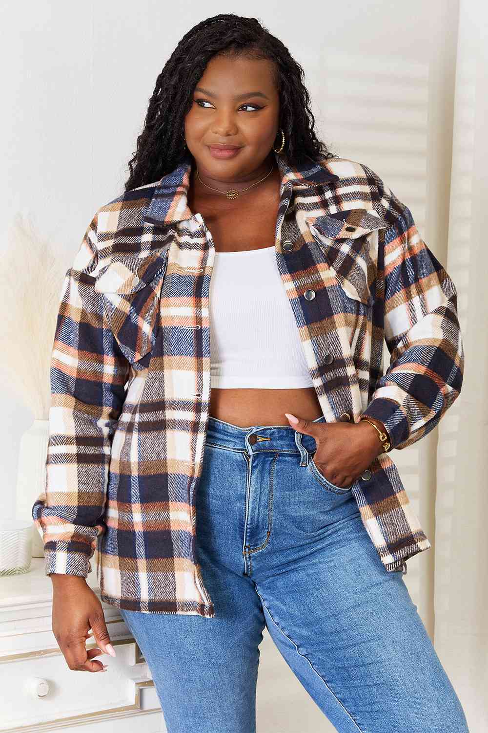 Plaid Button Front Shirt Jacket with Breast Pockets - Navy / S - T-Shirts - Coats & Jackets - 1 - 2024