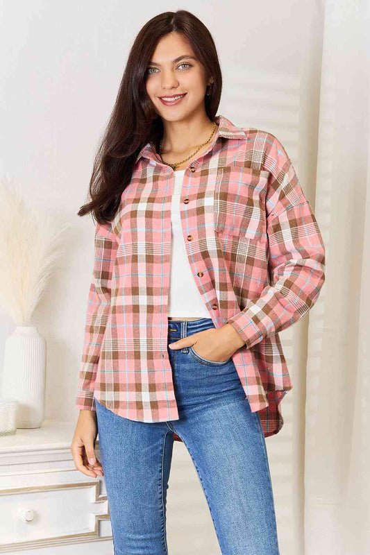 Plaid Collared Neck Long Sleeve Button-Up Shirt - Peach / S - T-Shirts - Shirts & Tops - 1 - 2024