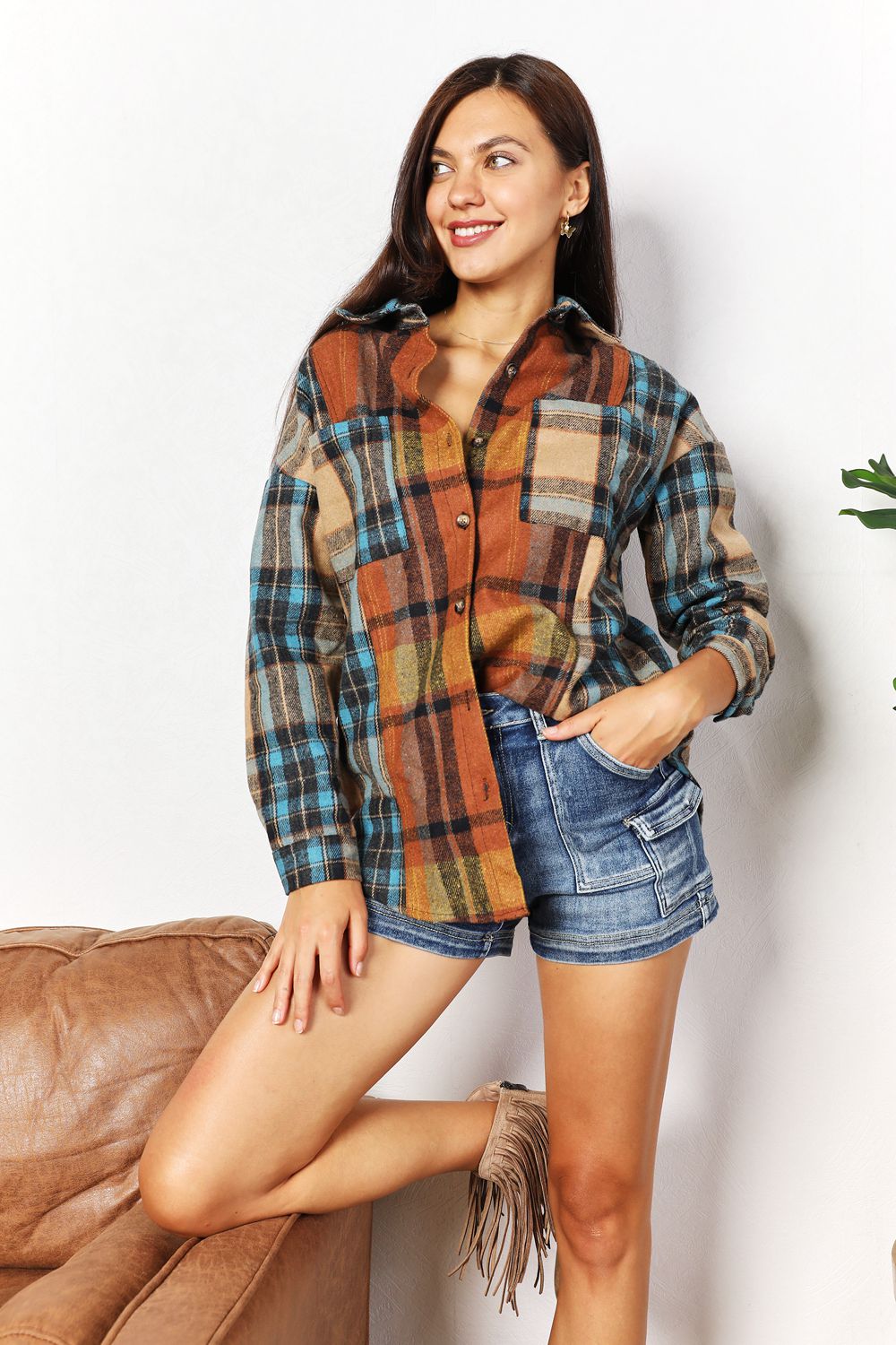 Plaid Curved Hem Shirt Jacket with Breast Pockets - T-Shirts - Coats & Jackets - 5 - 2024