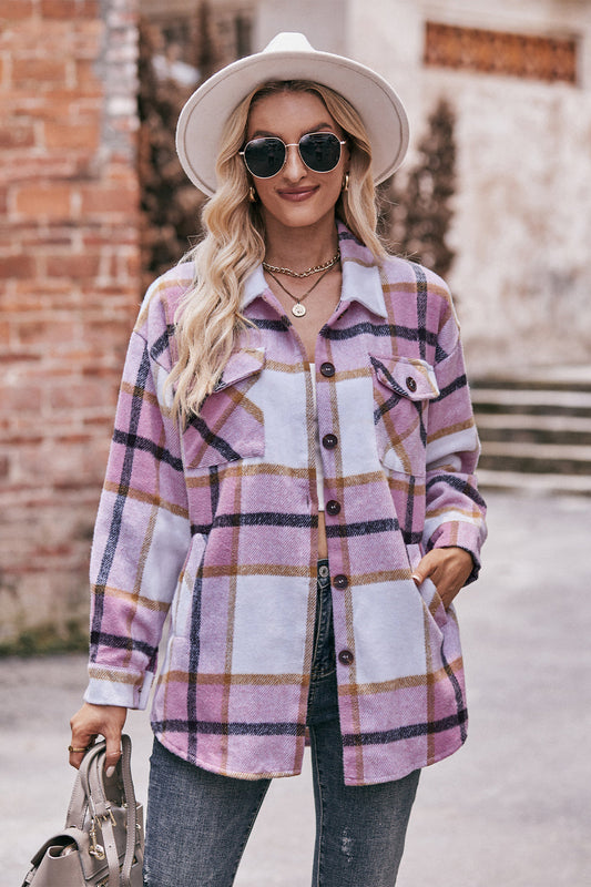 Plaid Long Sleeve Shirt Jacket with Pockets - Pink / S - T-Shirts - Coats & Jackets - 1 - 2024