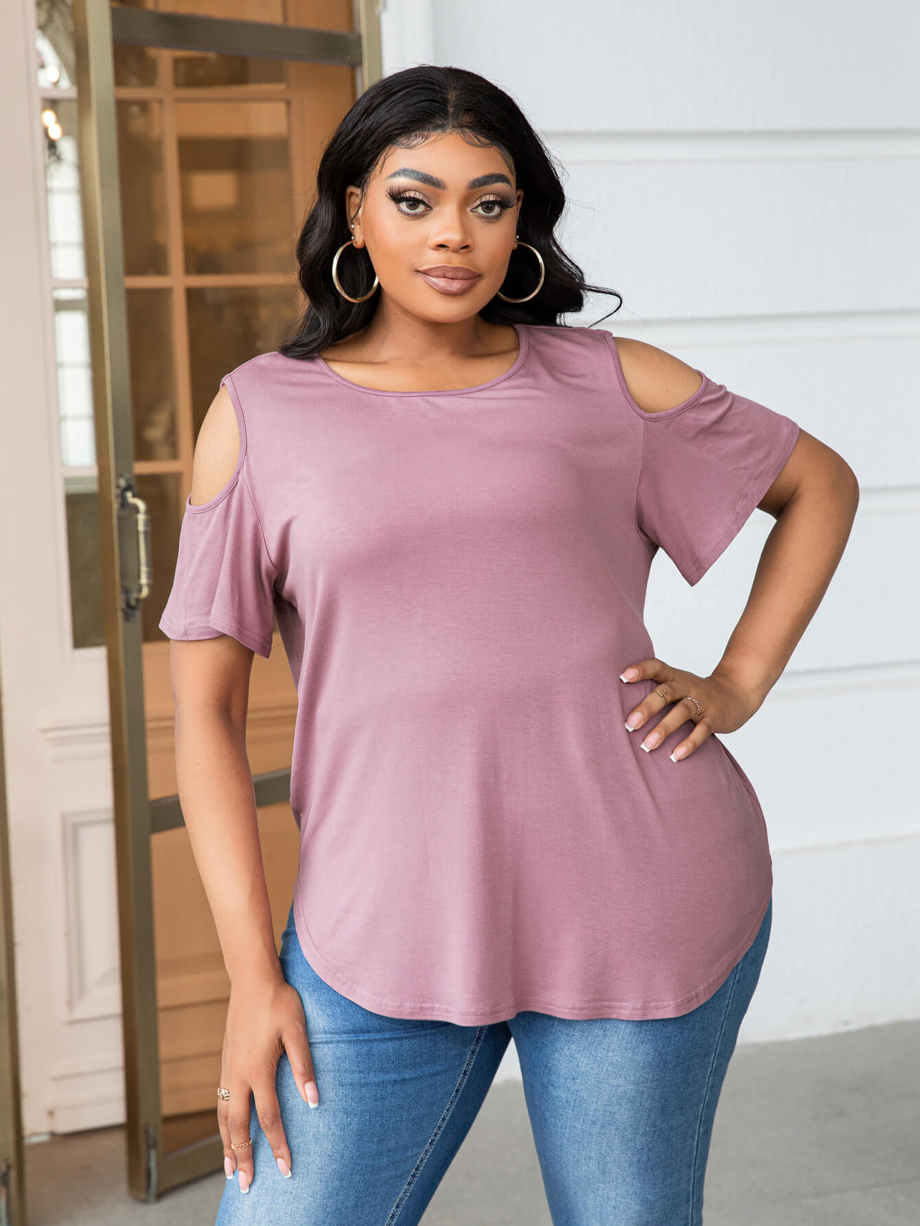 Plus Size Cold-Shoulder Round Neck Curved Hem Tee - T-Shirts - Shirts & Tops - 6 - 2024