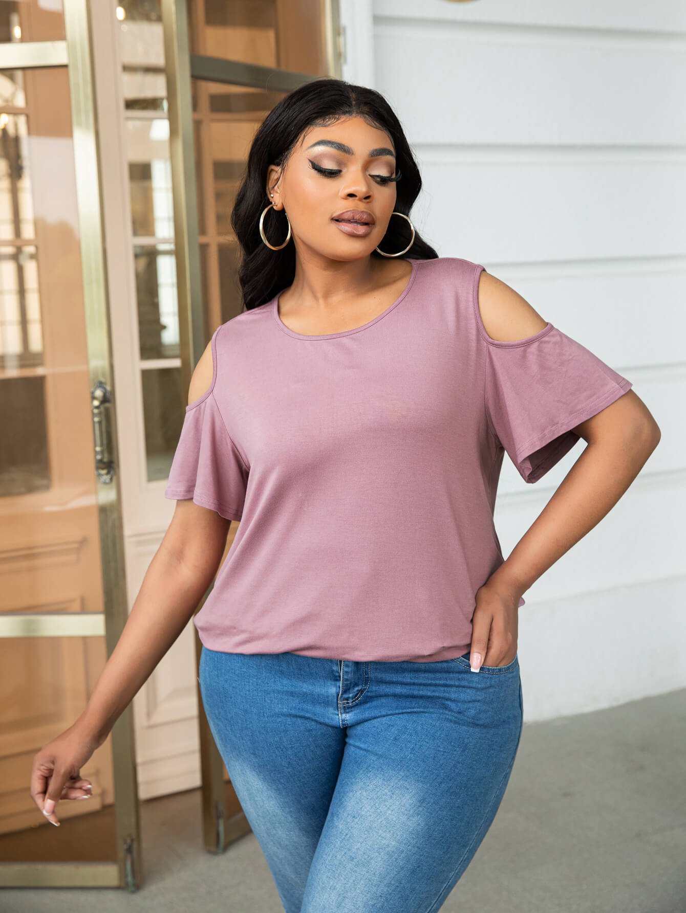 Plus Size Cold-Shoulder Round Neck Curved Hem Tee - T-Shirts - Shirts & Tops - 3 - 2024
