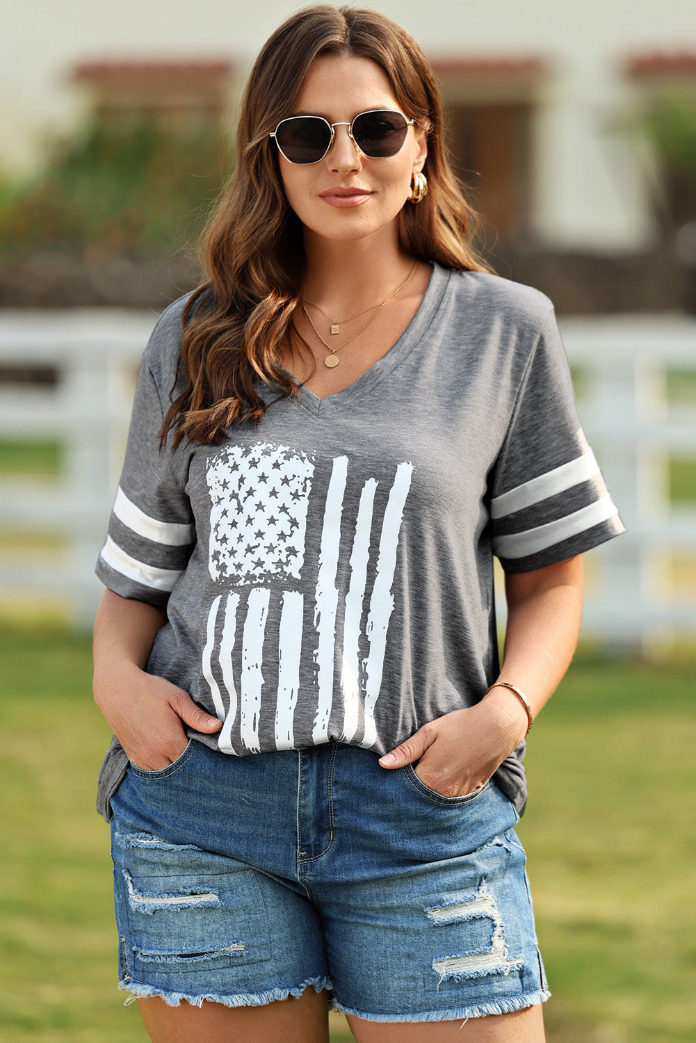 Plus Size US Flag Graphic V-Neck Tee - T-Shirts - Shirts & Tops - 3 - 2024