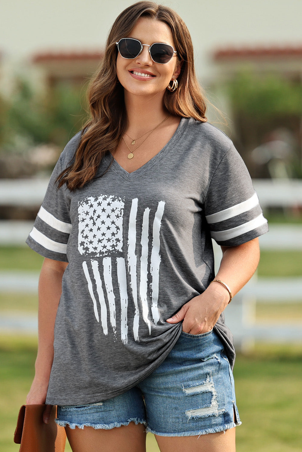 Plus Size US Flag Graphic V-Neck Tee - T-Shirts - Shirts & Tops - 5 - 2024
