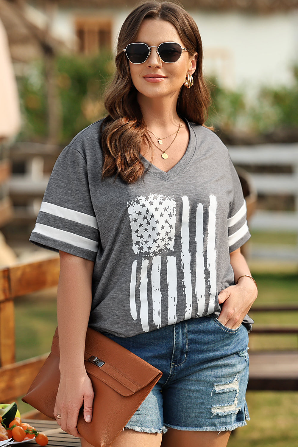 Plus Size US Flag Graphic V-Neck Tee - T-Shirts - Shirts & Tops - 4 - 2024