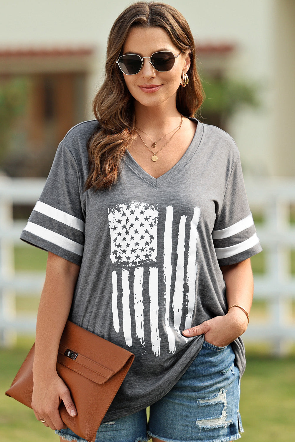 Plus Size US Flag Graphic V-Neck Tee - Gray / 1X - T-Shirts - Shirts & Tops - 1 - 2024