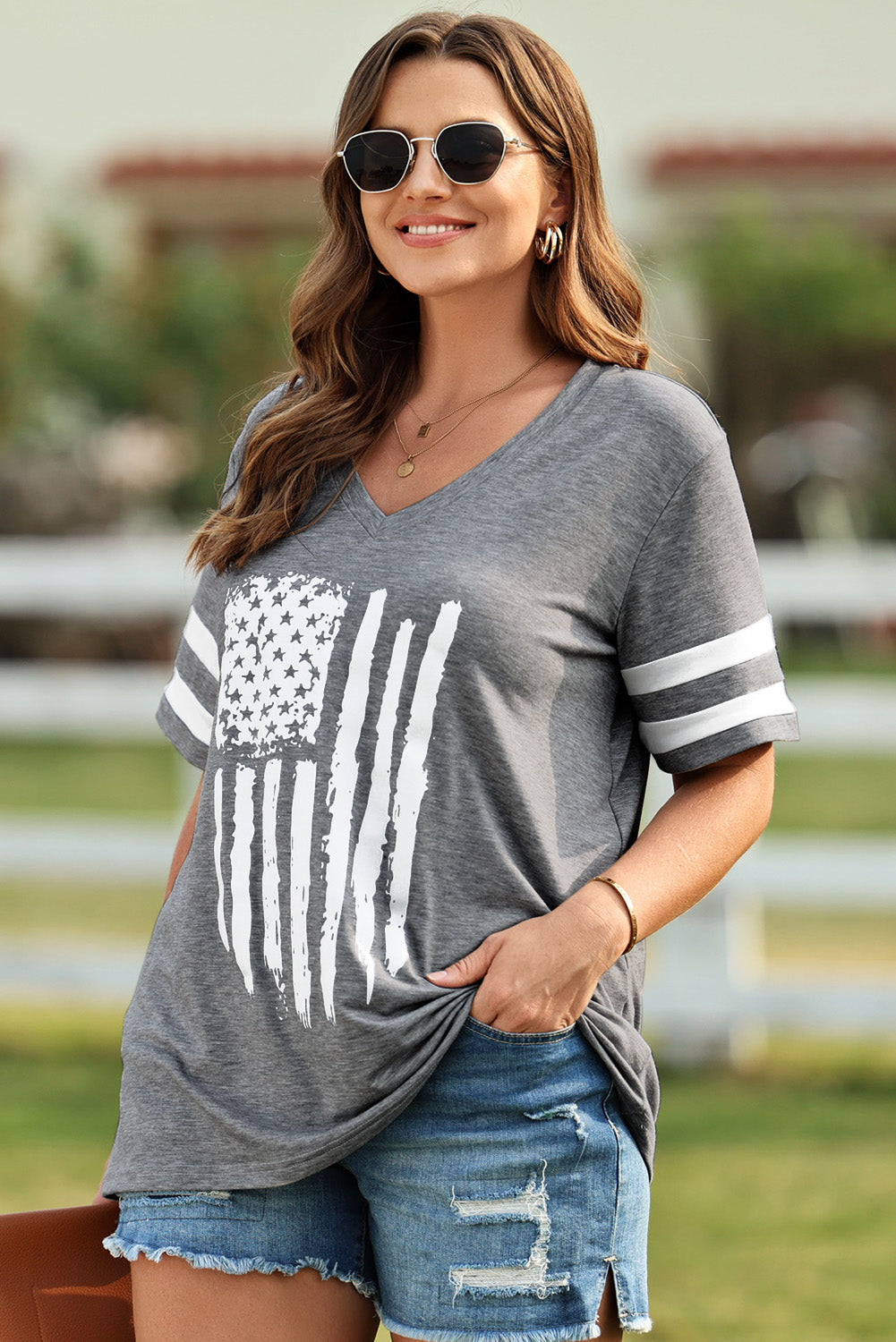 Plus Size US Flag Graphic V-Neck Tee - T-Shirts - Shirts & Tops - 6 - 2024