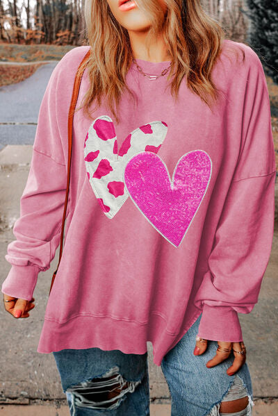 Plus Size Heart Sequin Round Neck Sweatshirt - Dusty Pink / 1XL - T-Shirts - Shirts & Tops - 1 - 2024